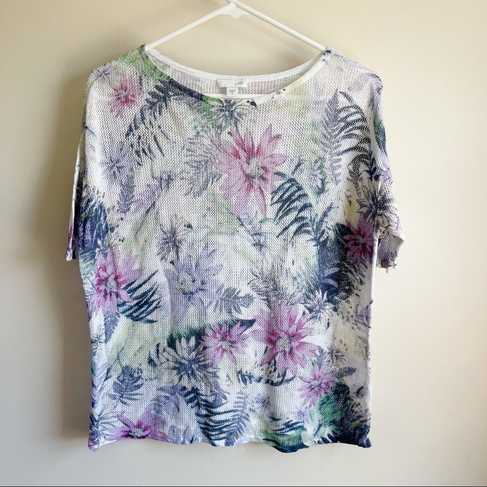 J Jill Floral Perforated Short Sleeve Blouse Mesh Dolman